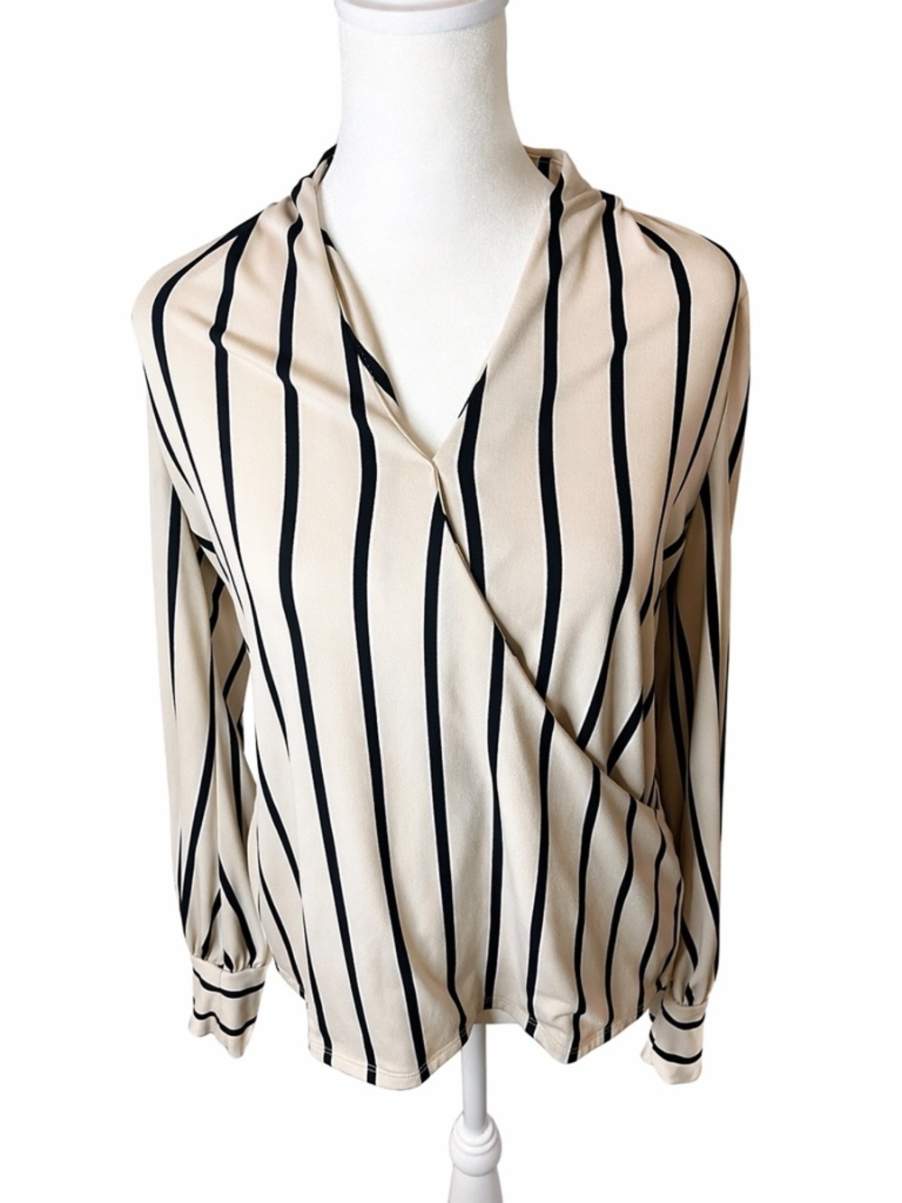 Adrianna Papell Beige and Black Striped Surplice Blouse